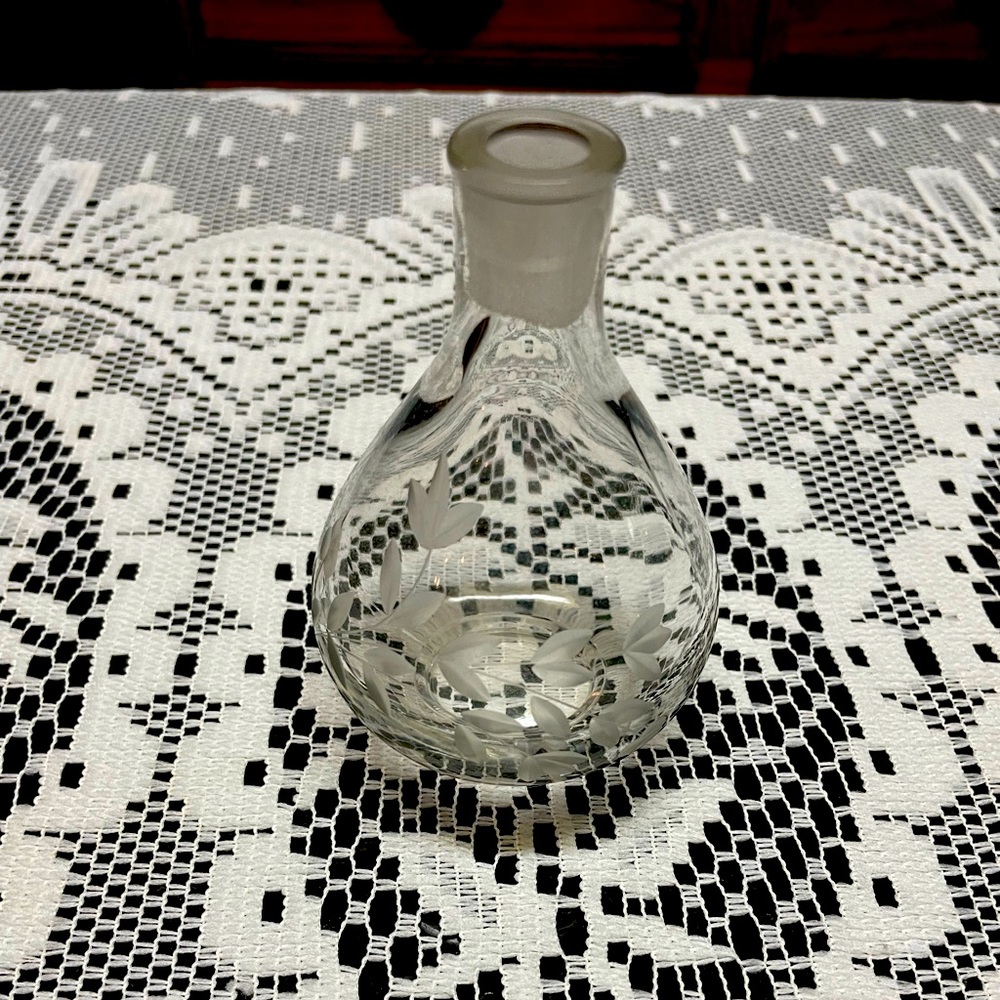 Vintage Small Lentheric Perfume Bottle with Etched Flowers and Leaves